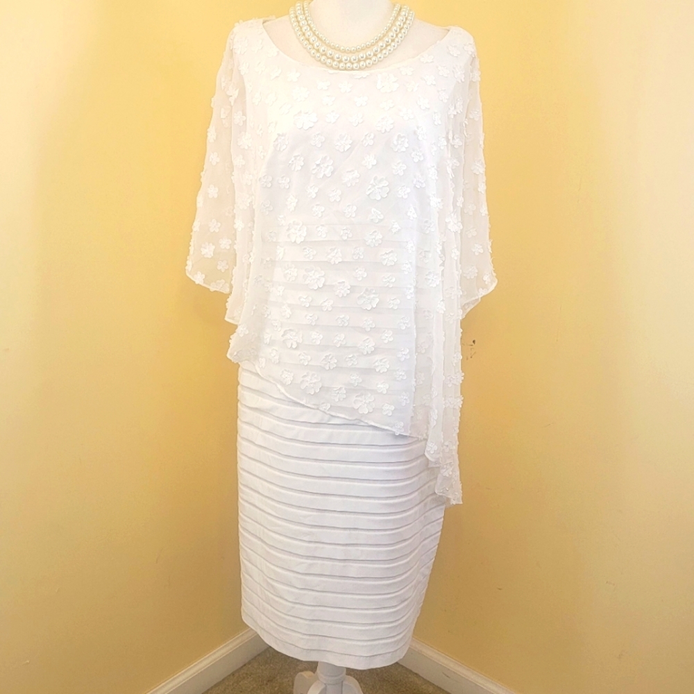 Adrianna Pappel sleeveless ivory knee length dress with sheer overlay